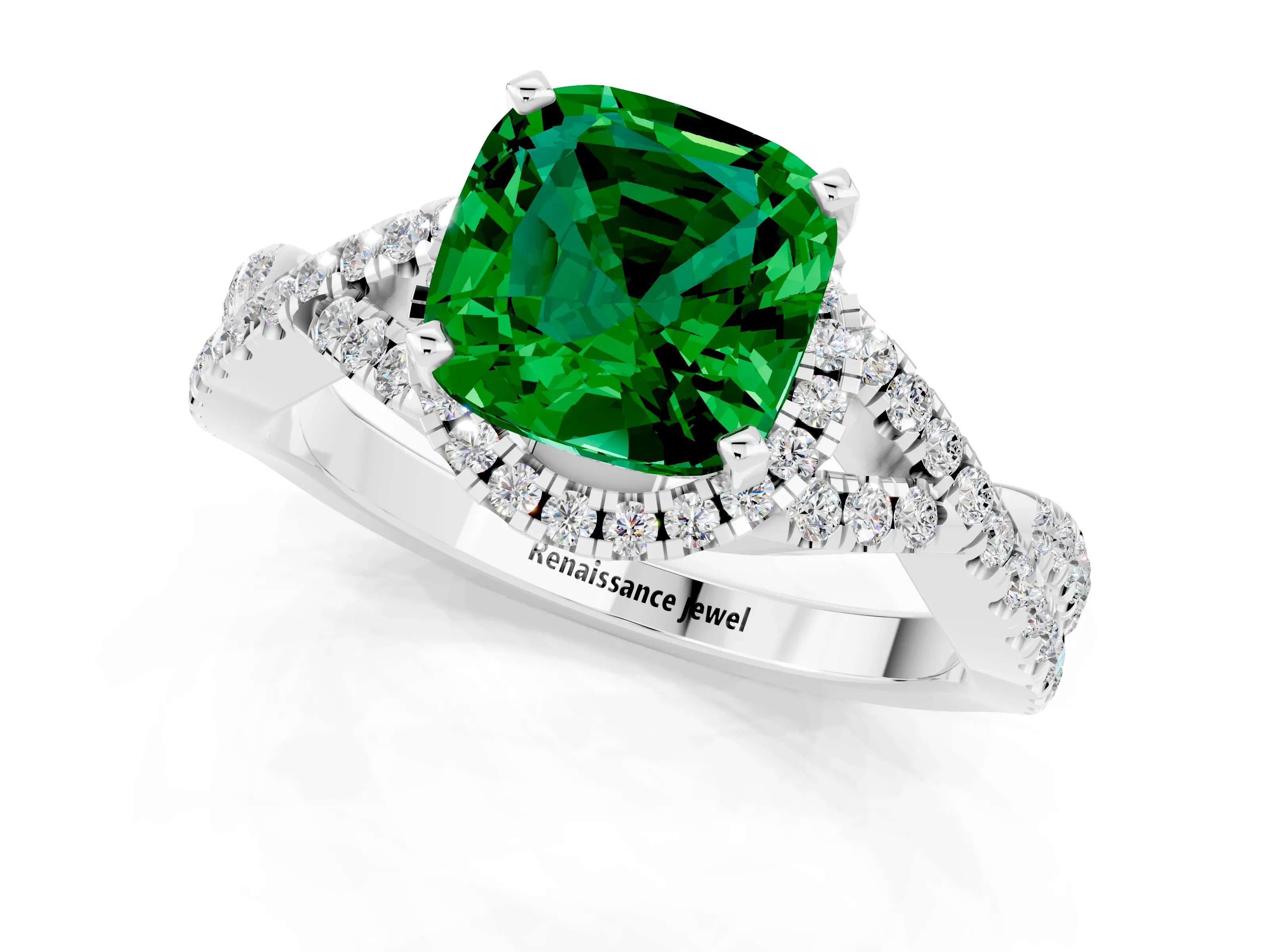 White gold Cushion Cut Emerald Halo Twist Band Solitaire Prong Setting Ring_1