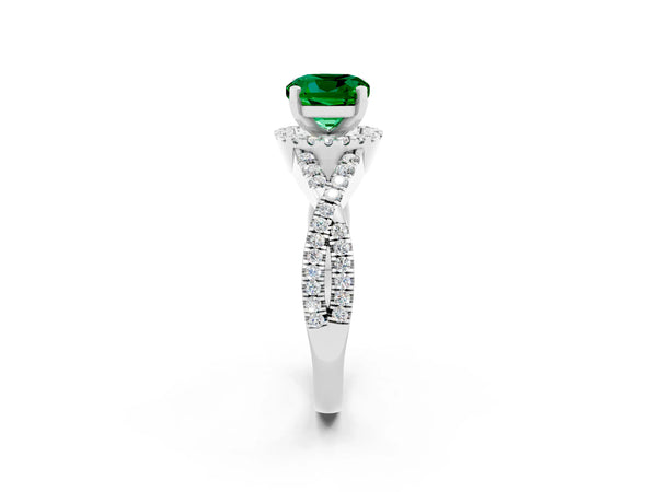 Platinum Cushion Cut Emerald  Halo Twist Band Solitaire Prong Setting Ring