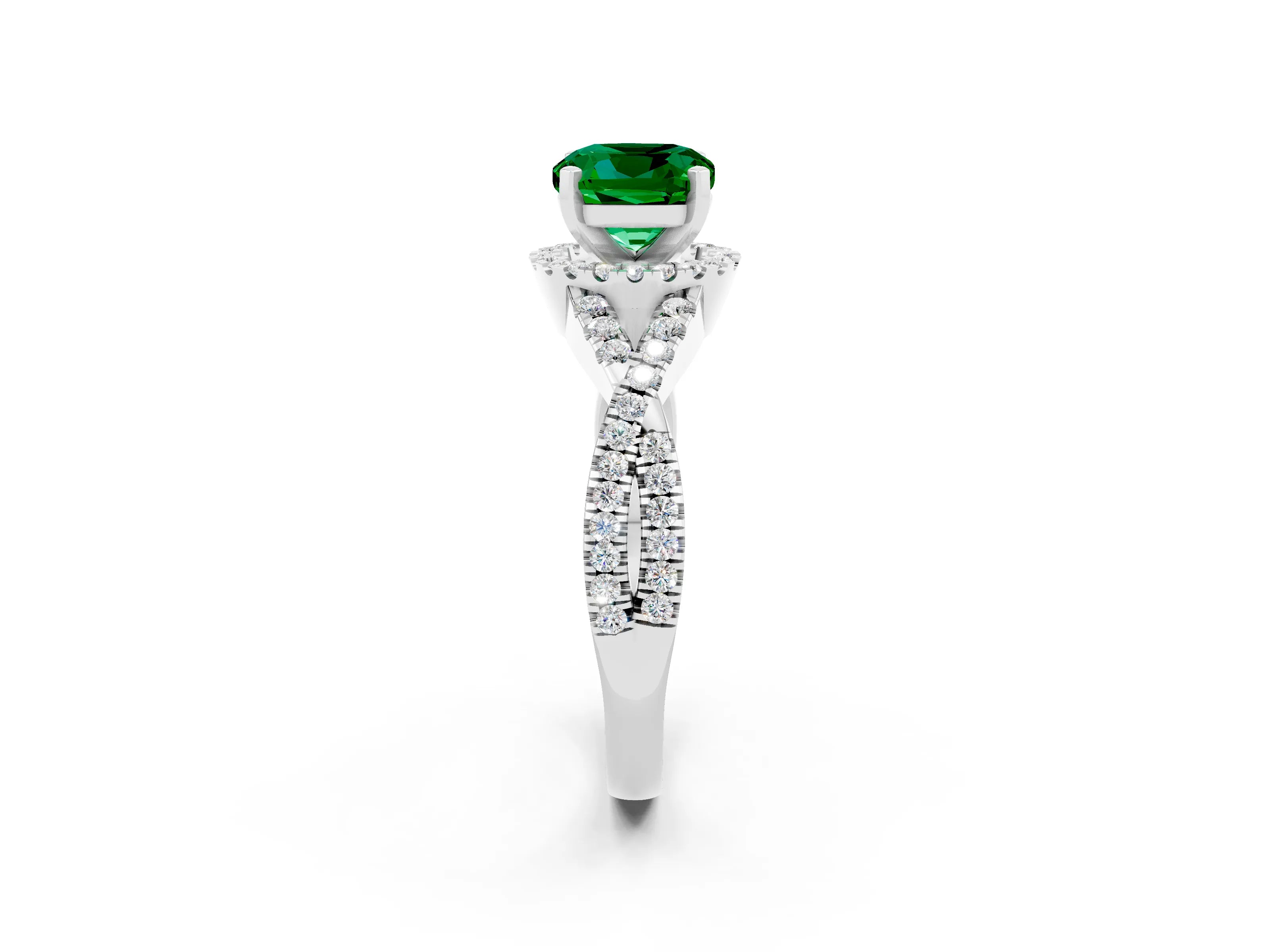 White gold Cushion Cut Emerald Halo Twist Band Solitaire Prong Setting Ring_2