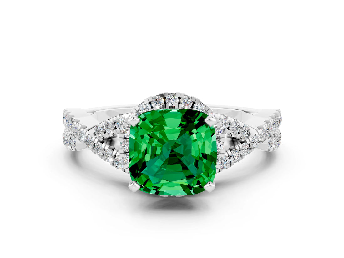 White gold Cushion Cut Emerald  Halo Twist Band Solitaire Prong Setting Ring_48