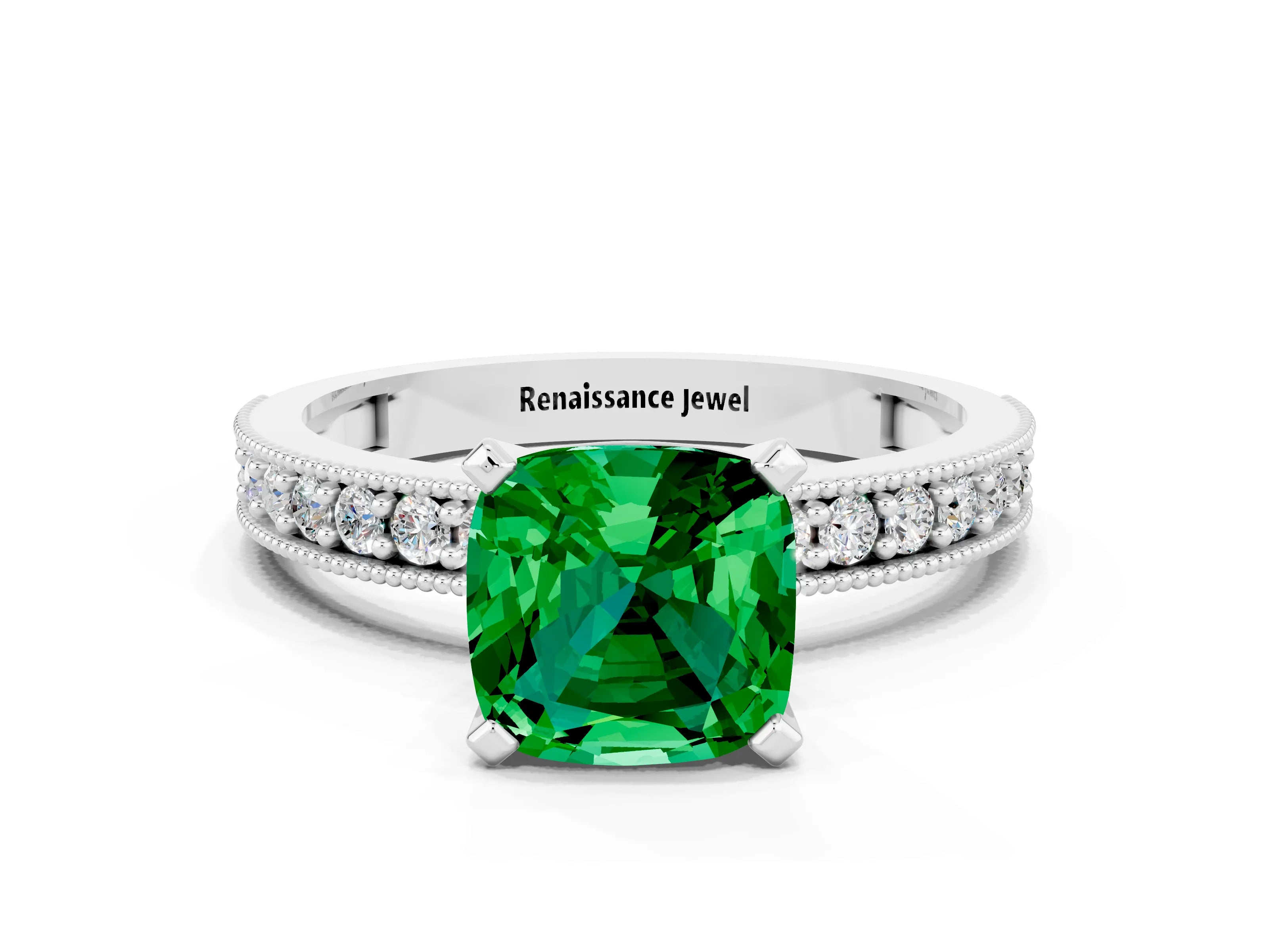 White gold Cushion Cut Emerald Milgrain Pavé Engagement Ring with Four-Prong Setting_12