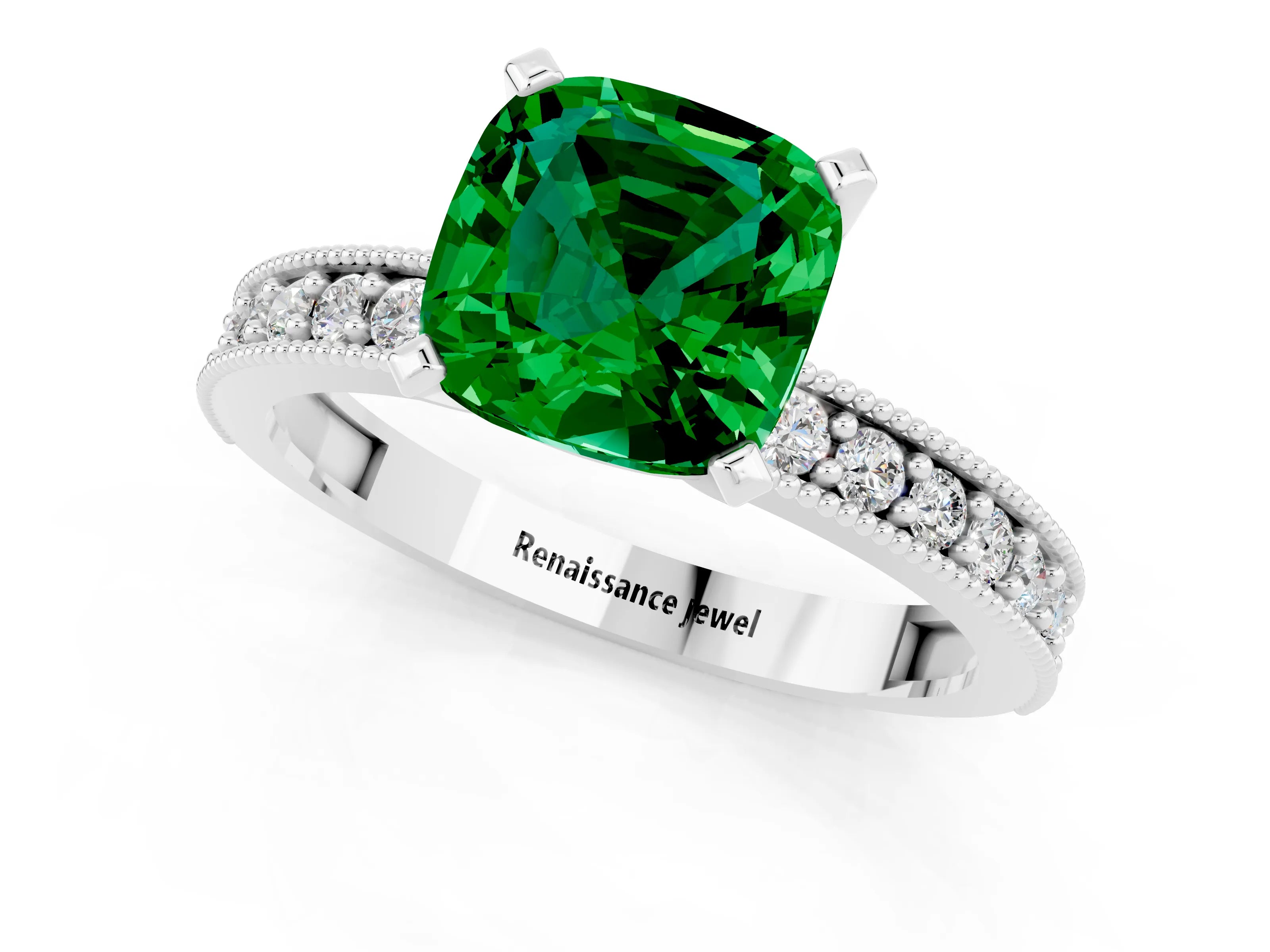 White gold Cushion Cut Emerald Milgrain Pavé Engagement Ring with Four-Prong Setting_13