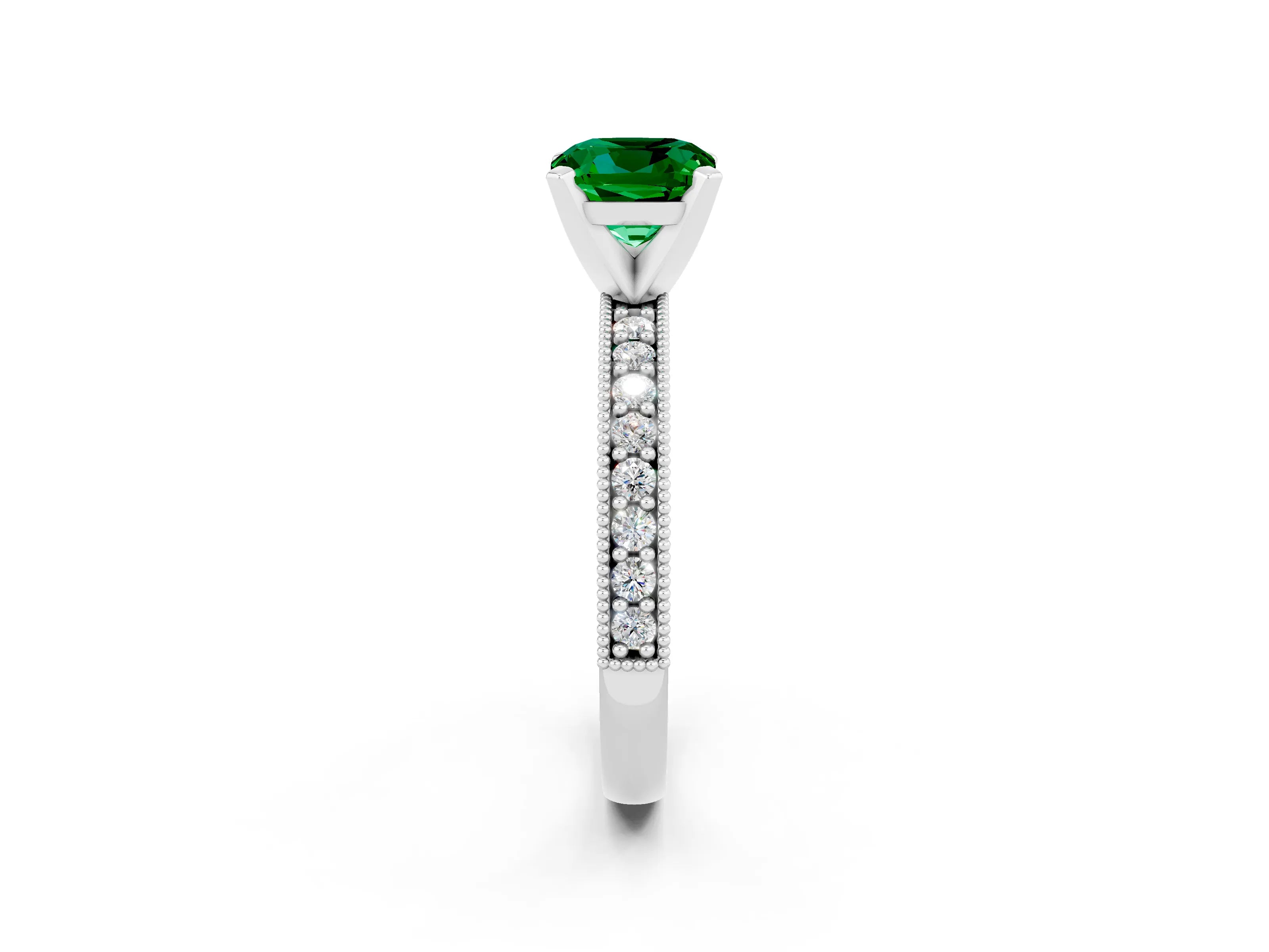 White gold Cushion Cut Emerald Milgrain Pavé Engagement Ring with Four-Prong Setting_14