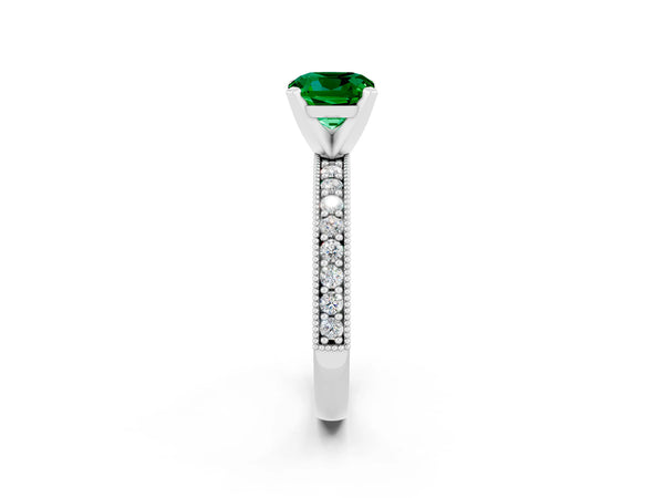 Platinum Cushion Cut Emerald Milgrain Pavé Engagement Ring with Four-Prong Setting