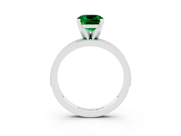 Platinum Cushion Cut Emerald Milgrain Pavé Engagement Ring with Four-Prong Setting