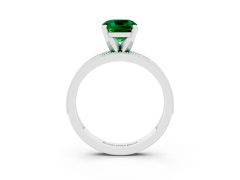 White gold Cushion Cut Emerald Milgrain Pavé Engagement Ring with Four-Prong Setting_15
