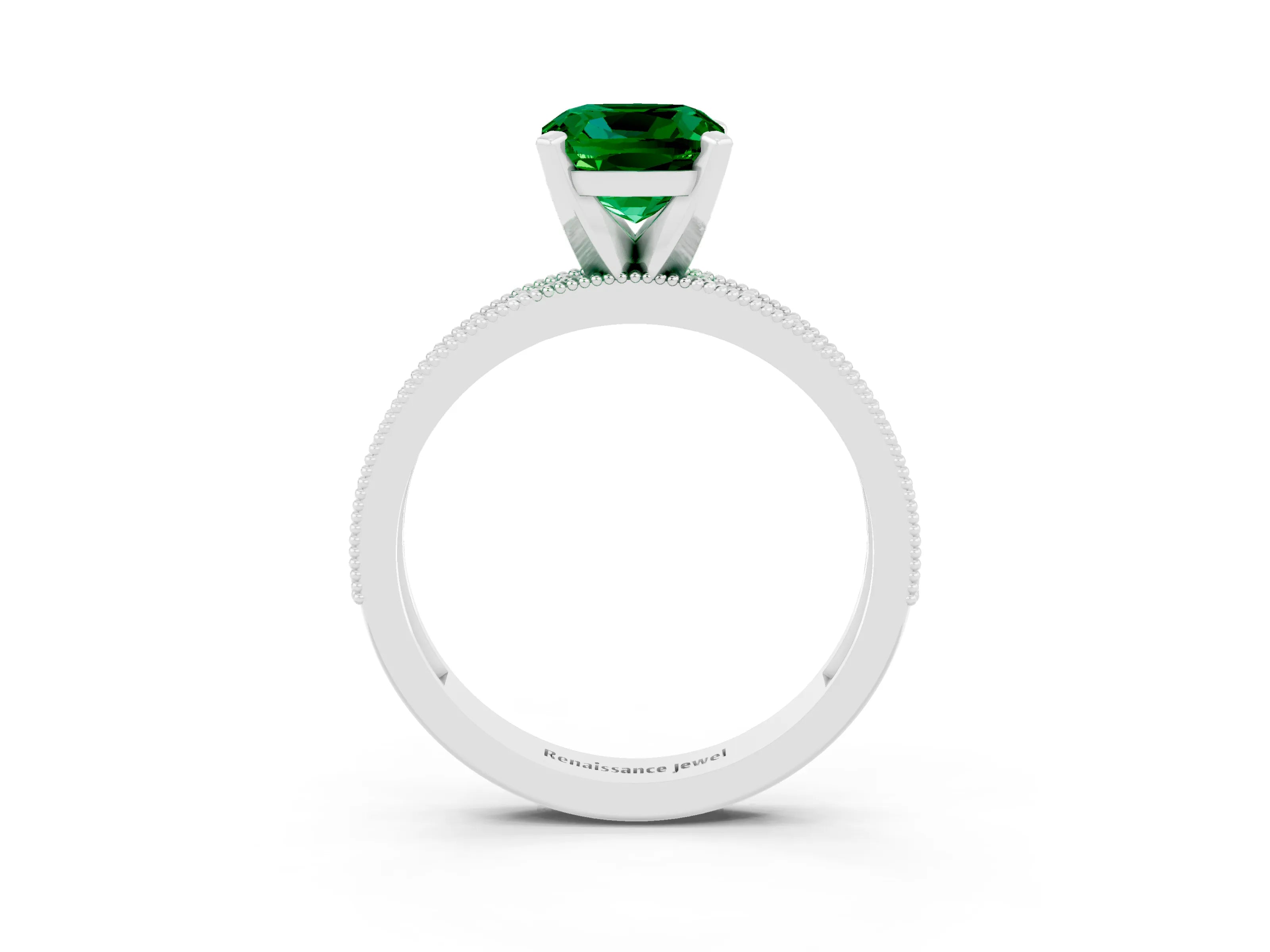 White gold Cushion Cut Emerald Milgrain Pavé Engagement Ring with Four-Prong Setting_15