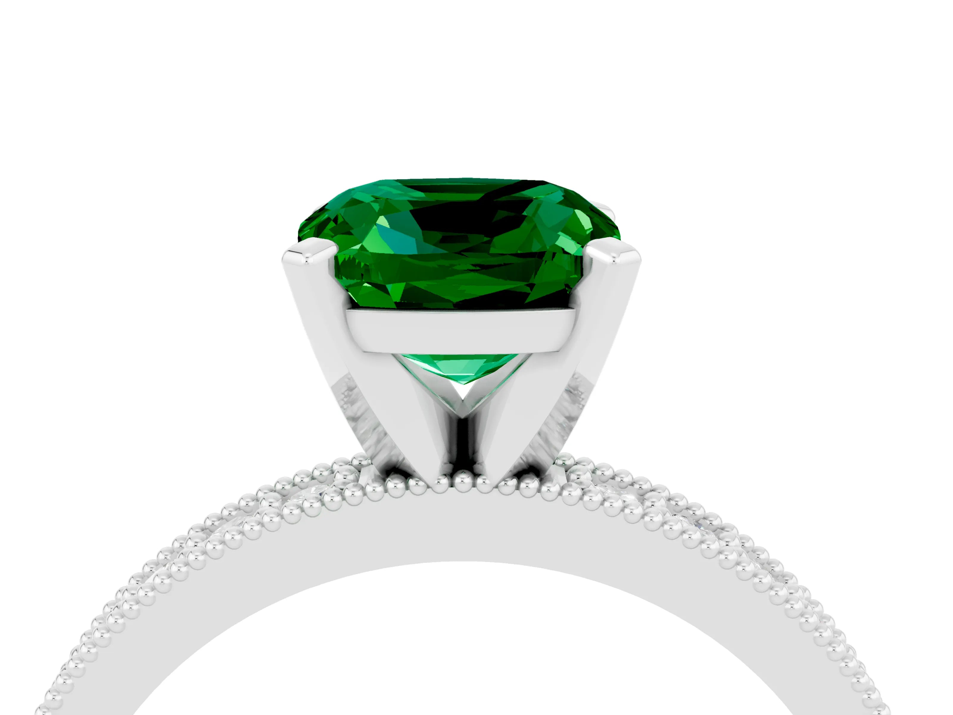 White gold Cushion Cut Emerald Milgrain Pavé Engagement Ring with Four-Prong Setting_16
