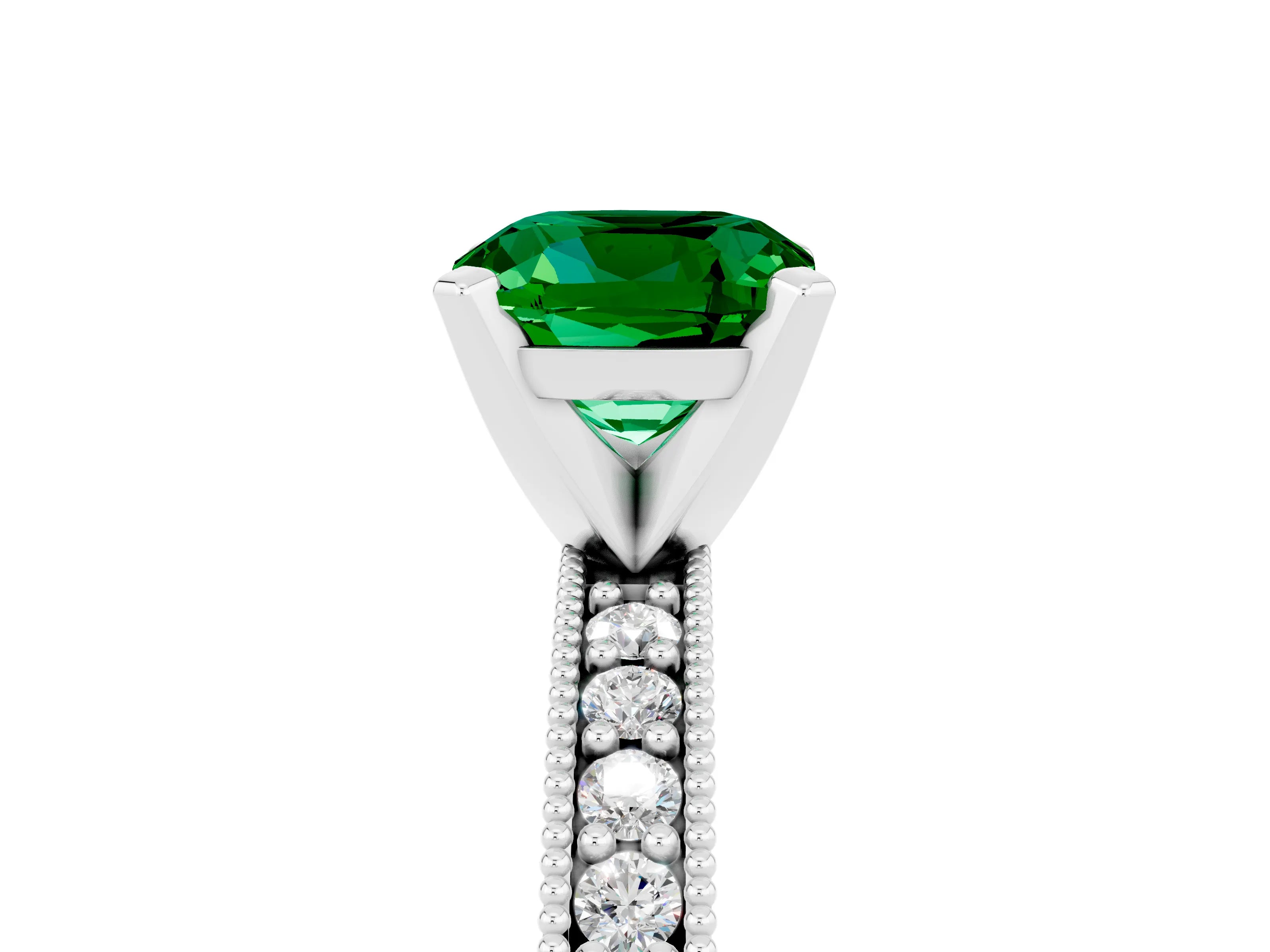 White gold Cushion Cut Emerald Milgrain Pavé Engagement Ring with Four-Prong Setting_17