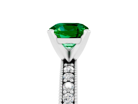 White gold Cushion Cut Emerald Milgrain Pavé Engagement Ring with Four-Prong Setting_17
