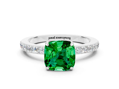 White gold Cushion Cut Emerald Pavé Engagement Ring with Round  Accents and Prong Setting_24