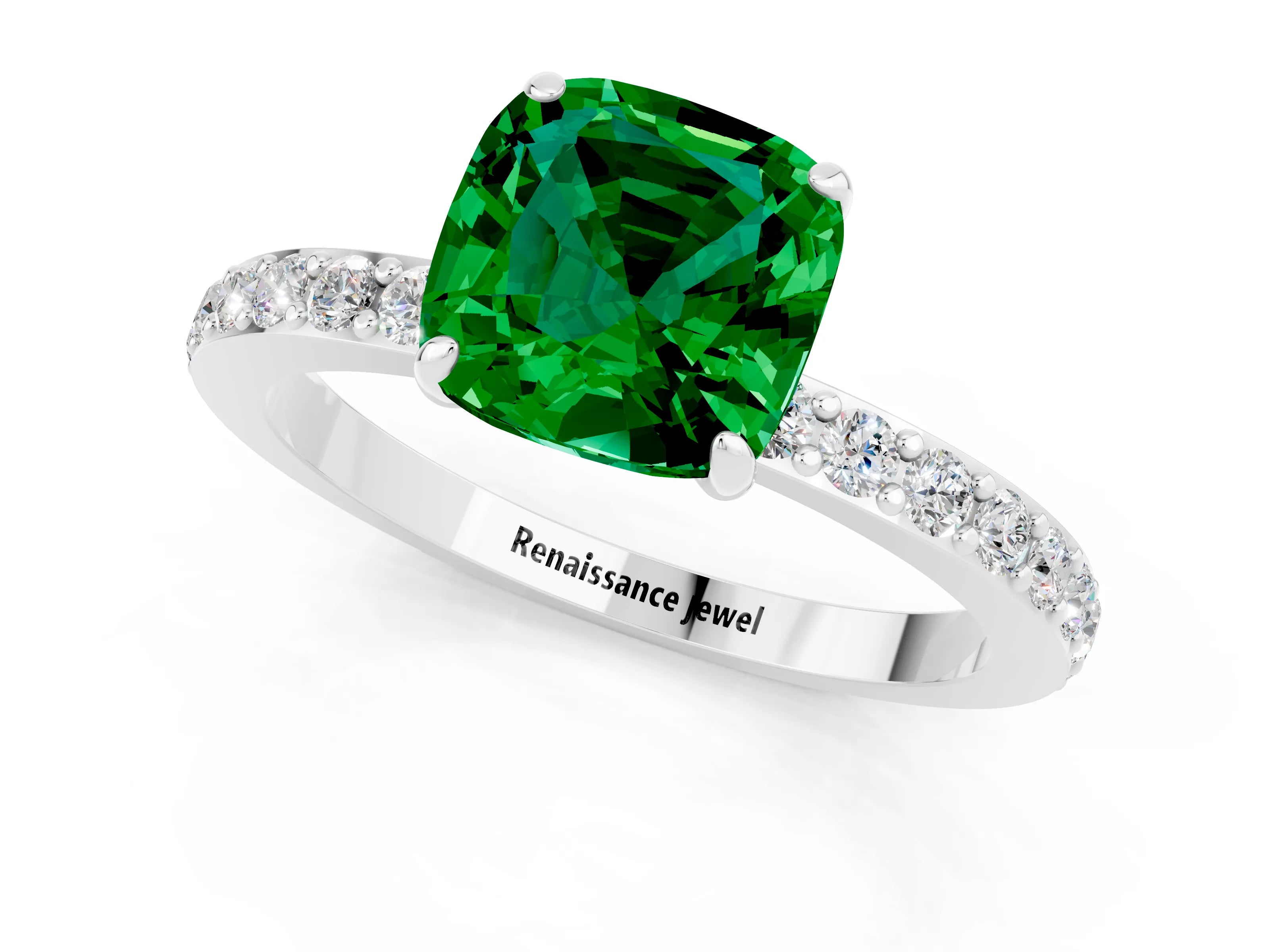 White gold Cushion Cut Emerald Pavé Engagement Ring with Round  Accents and Prong Setting_25