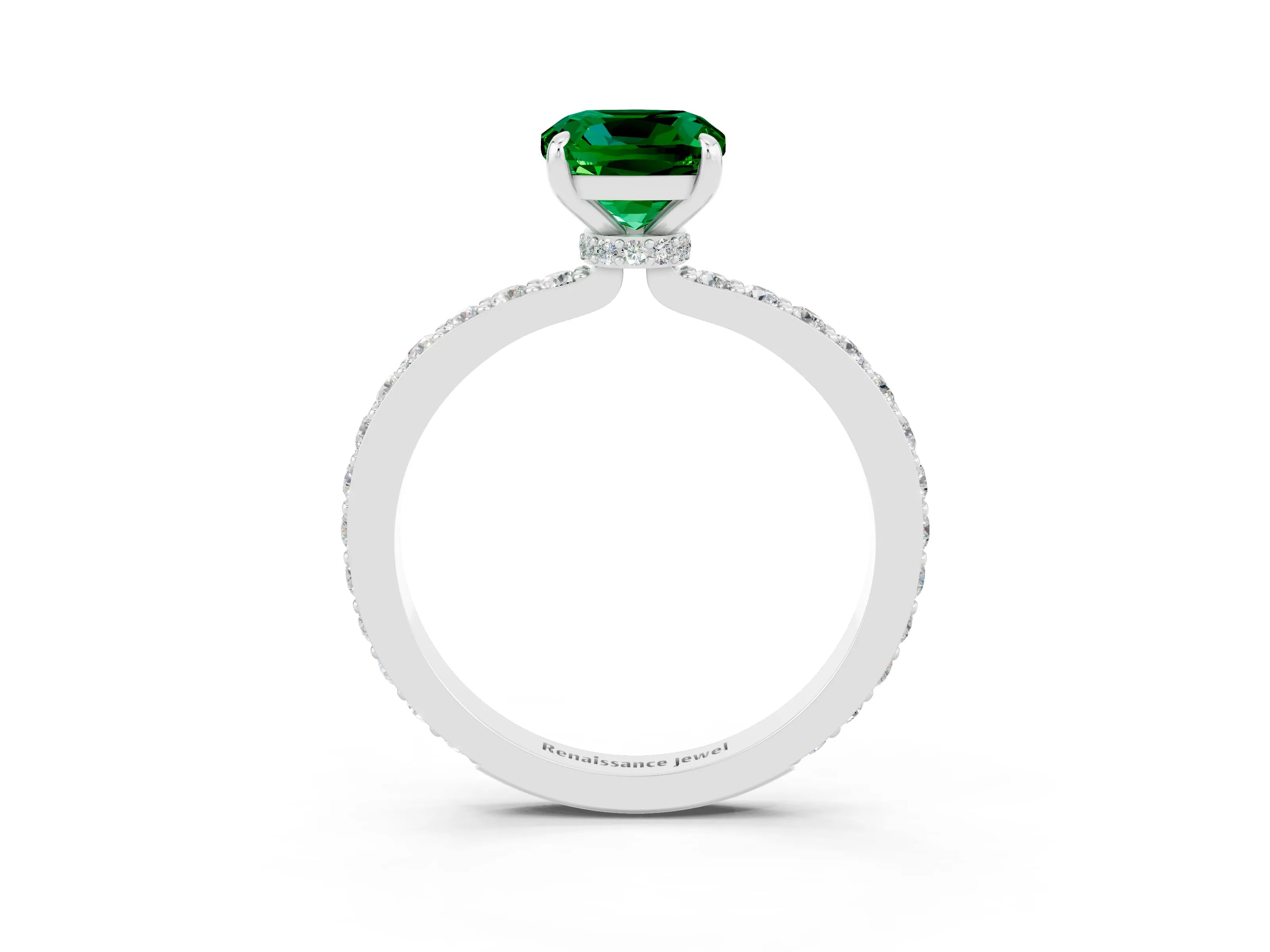 White gold Cushion Cut Emerald Pavé Engagement Ring with Round  Accents and Prong Setting_27
