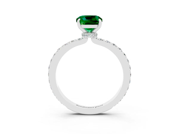Silver Cushion Cut Emerald Pavé Engagement Ring with Round  Accents and Prong Setting