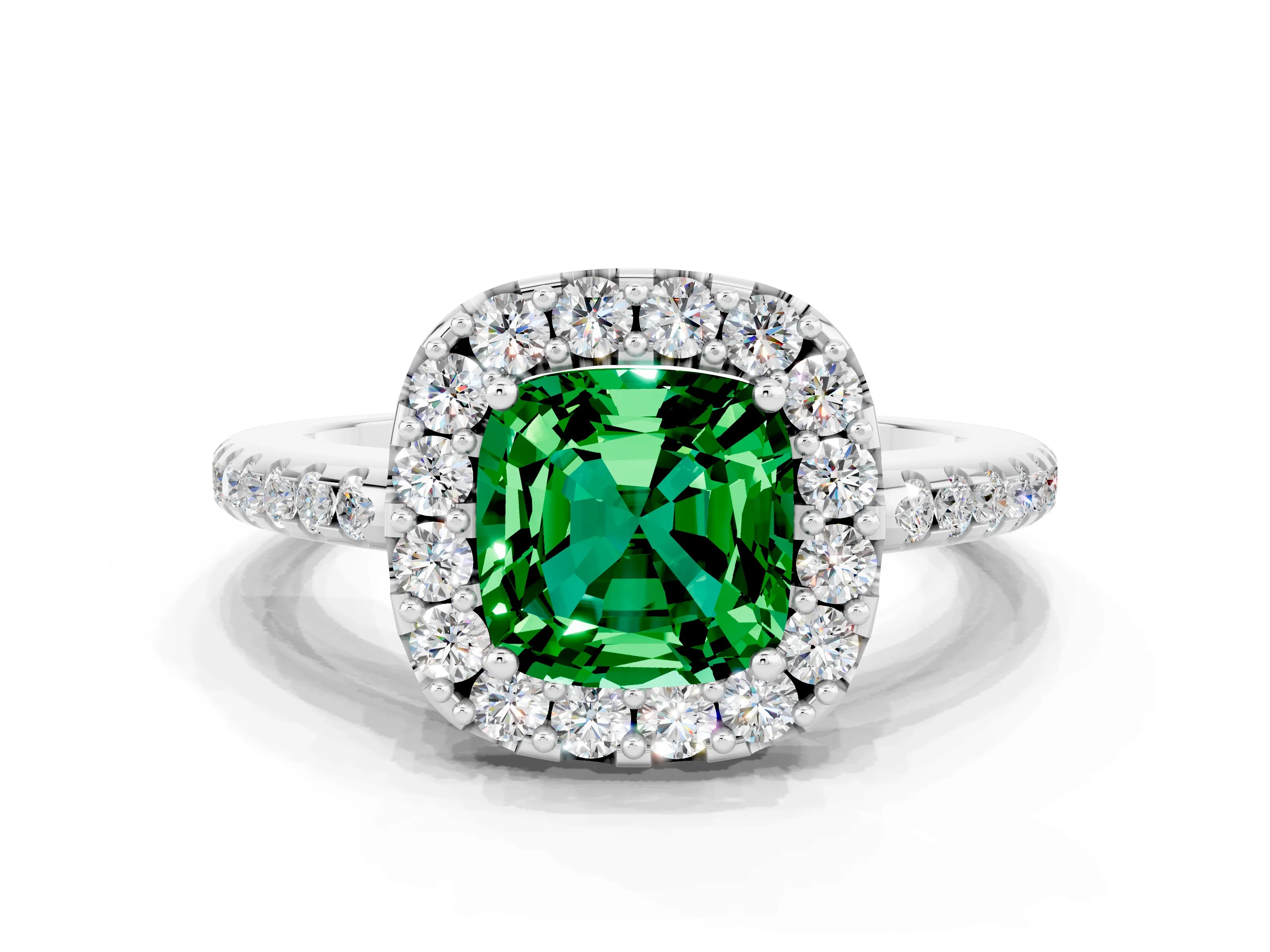White gold Cushion Cut Emerald Pavé Halo Ring with Four-Prong Setting_12