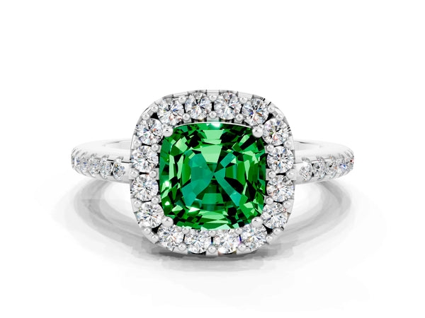 Silver Cushion Cut Emerald Pavé Halo Ring with Four-Prong Setting