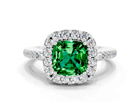 White gold Cushion Cut Emerald Pavé Halo Ring with Four-Prong Setting_12
