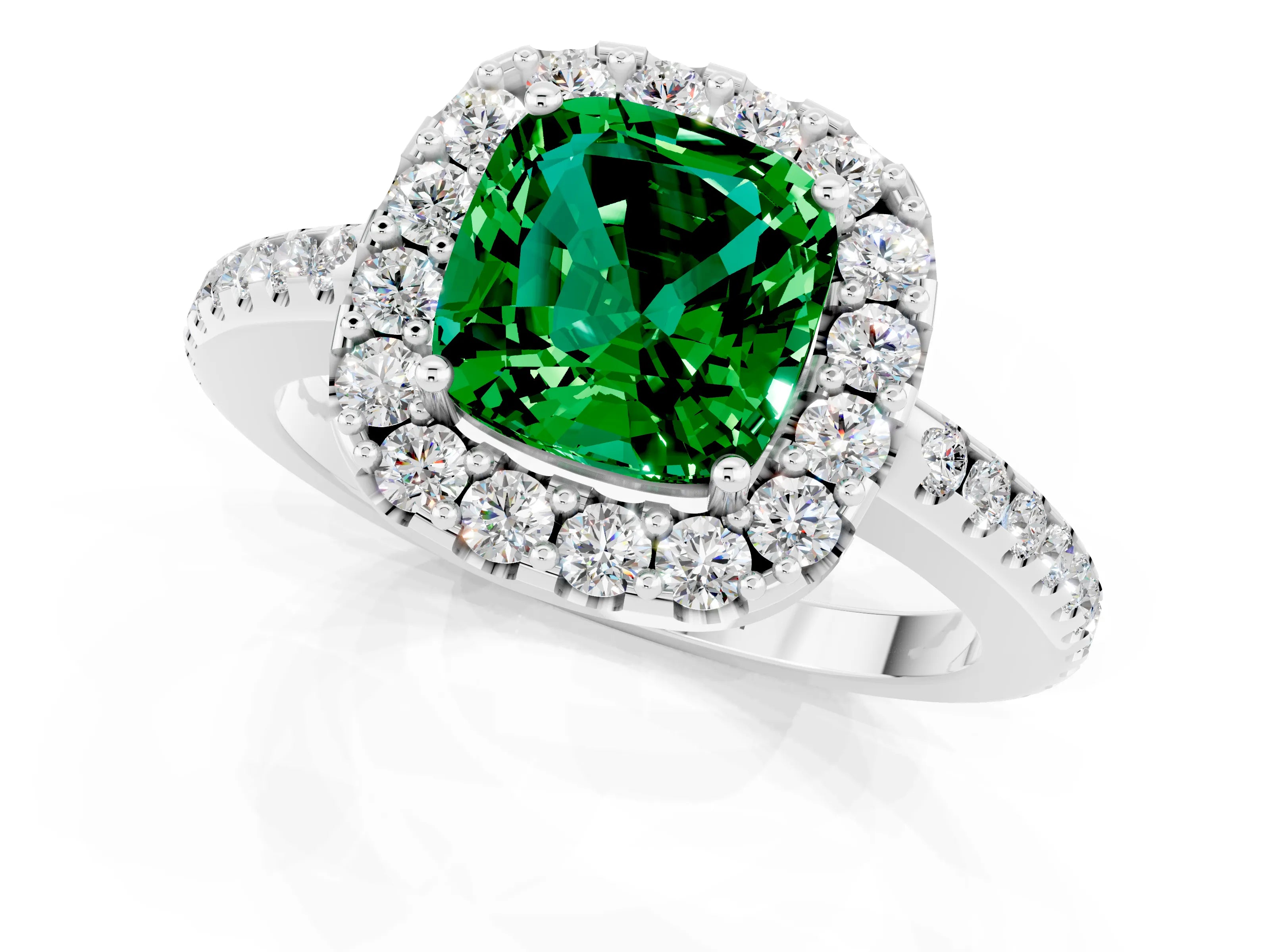 White gold Cushion Cut Emerald Pavé Halo Ring with Four-Prong Setting_13