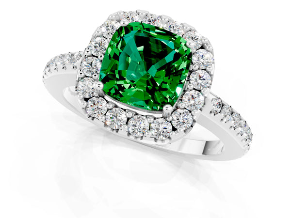 White gold Cushion Cut Emerald Pavé Halo Ring with Four-Prong Setting