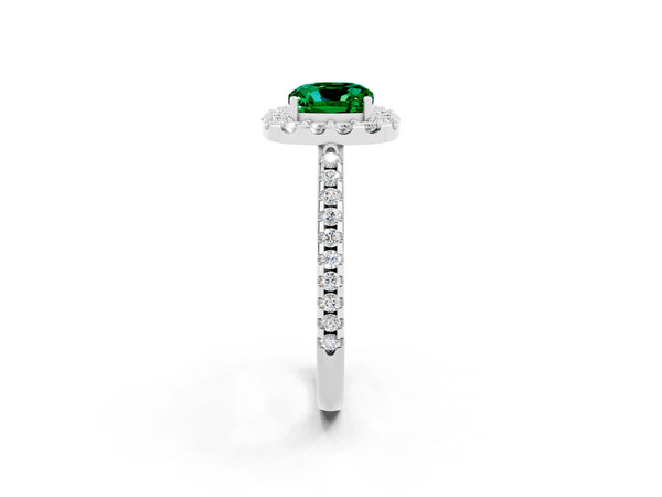 Platinum Cushion Cut Emerald Pavé Halo Ring with Four-Prong Setting