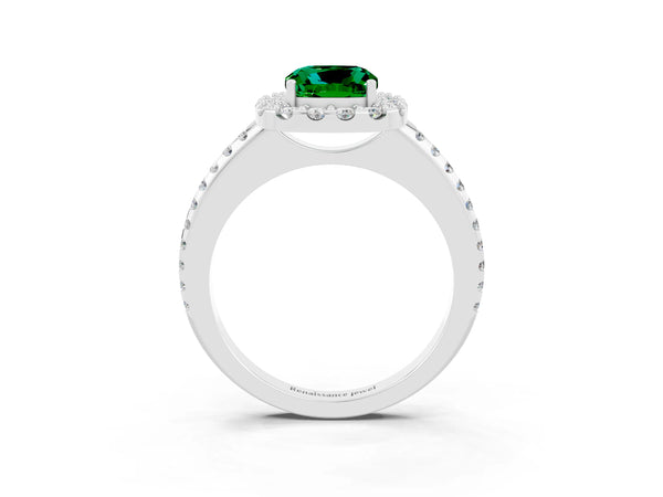 Platinum Cushion Cut Emerald Pavé Halo Ring with Four-Prong Setting