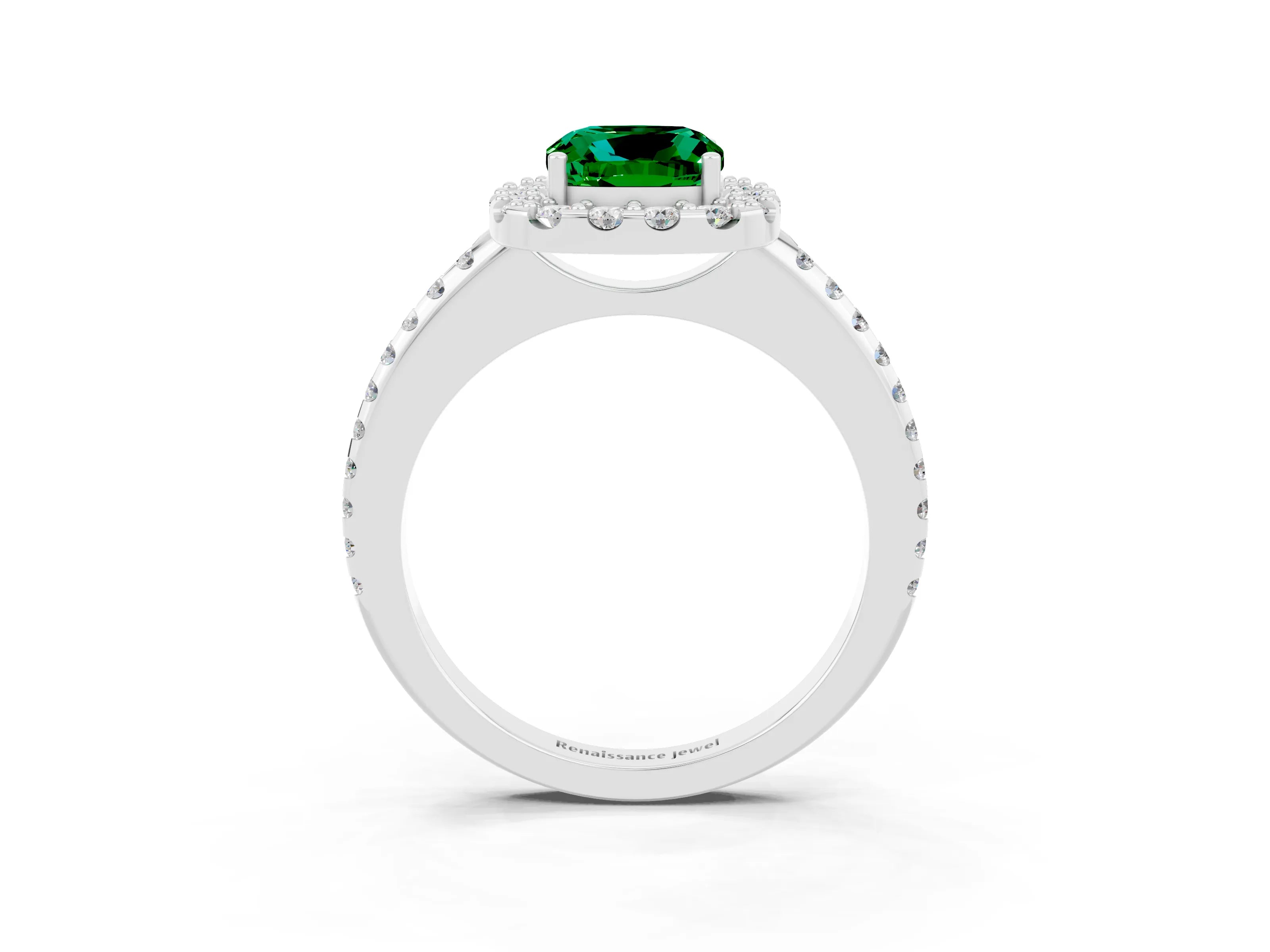 White gold Cushion Cut Emerald Pavé Halo Ring with Four-Prong Setting_15