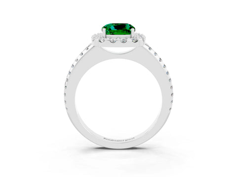 White gold Cushion Cut Emerald Pavé Halo Ring with Four-Prong Setting_15