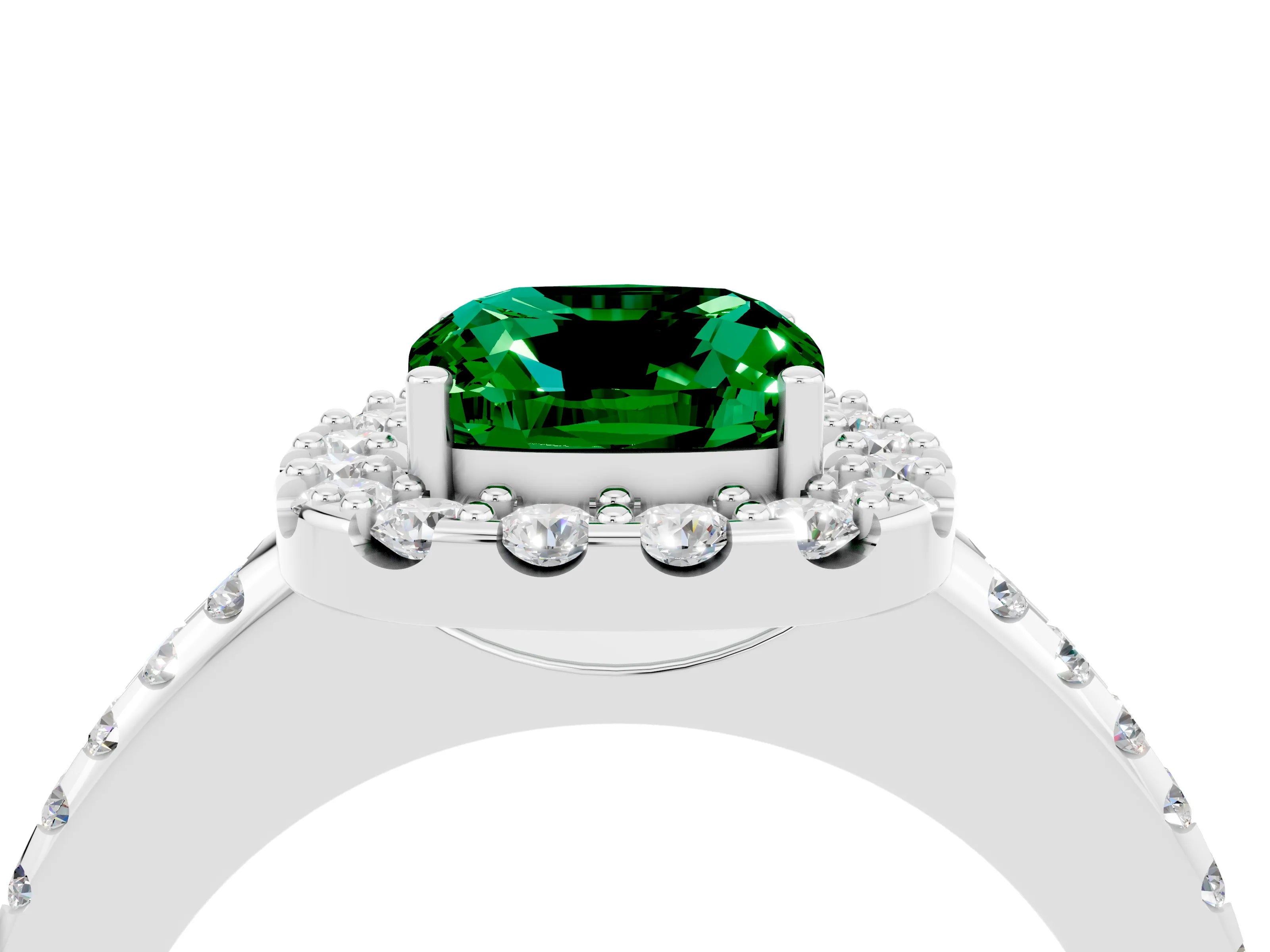 White gold Cushion Cut Emerald Pavé Halo Ring with Four-Prong Setting_16