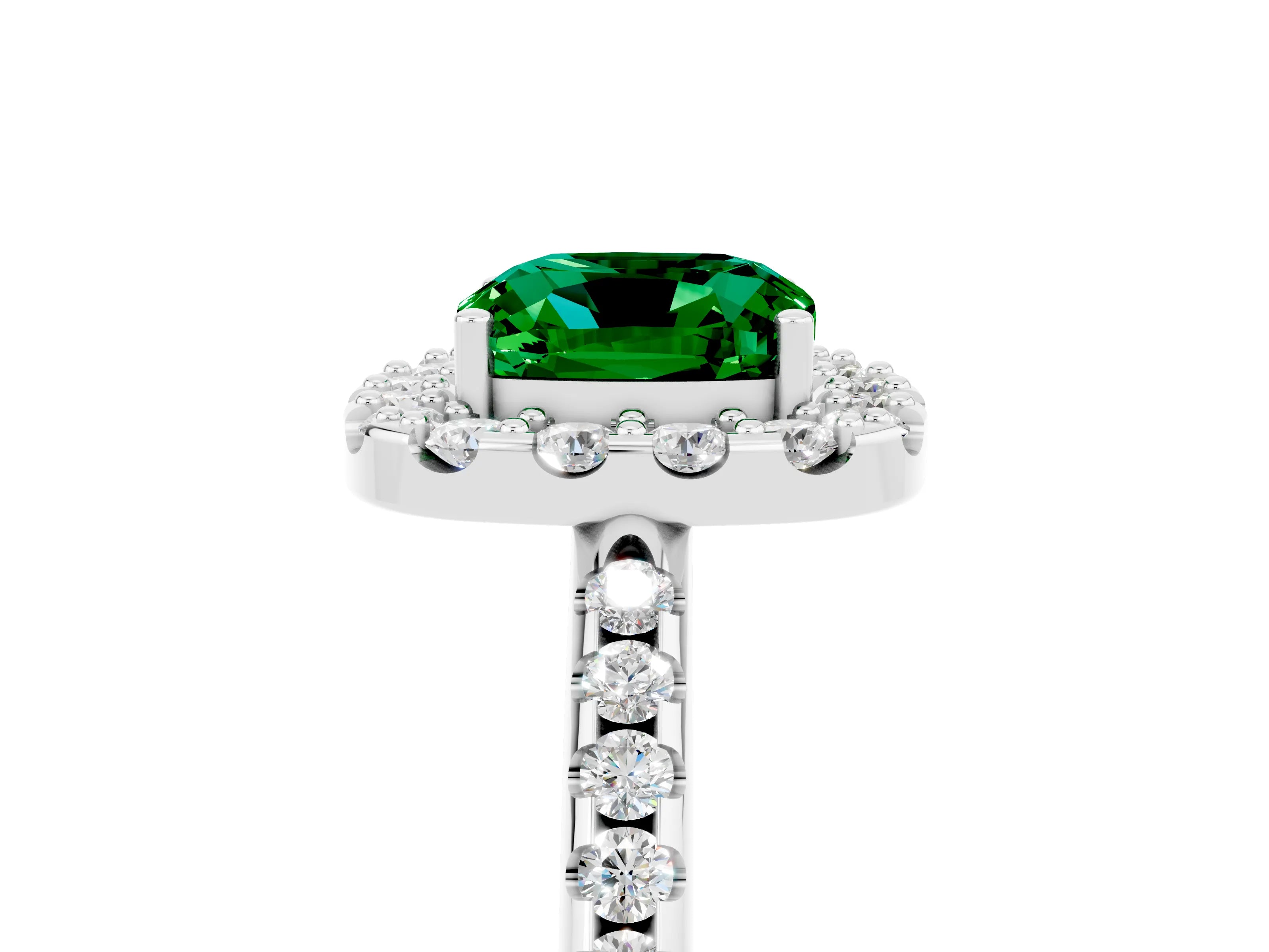 White gold Cushion Cut Emerald Pavé Halo Ring with Four-Prong Setting_17