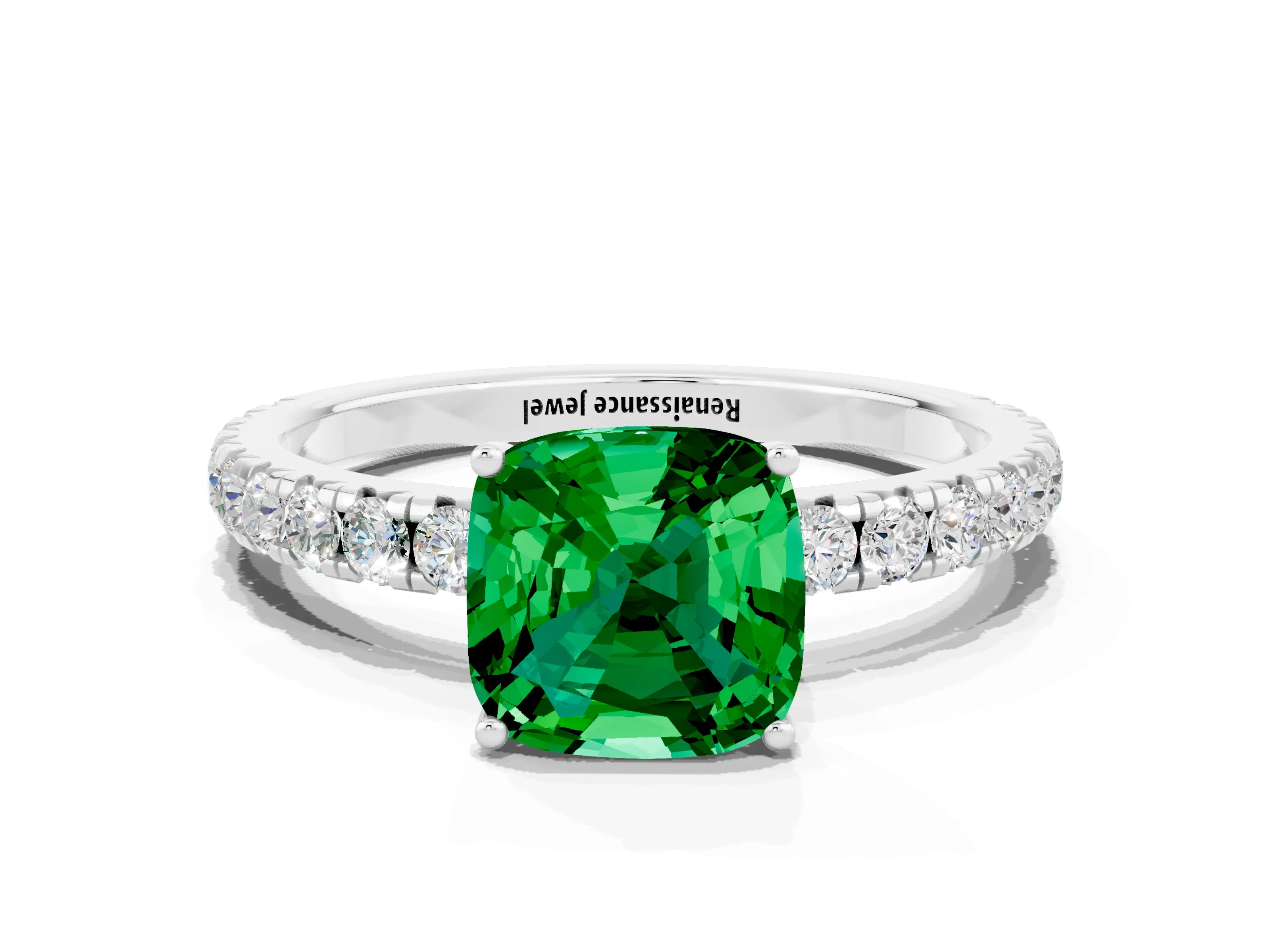 White gold Cushion Cut Emerald Pavé Solitaire Engagement Ring with Four-Prong Setting_12
