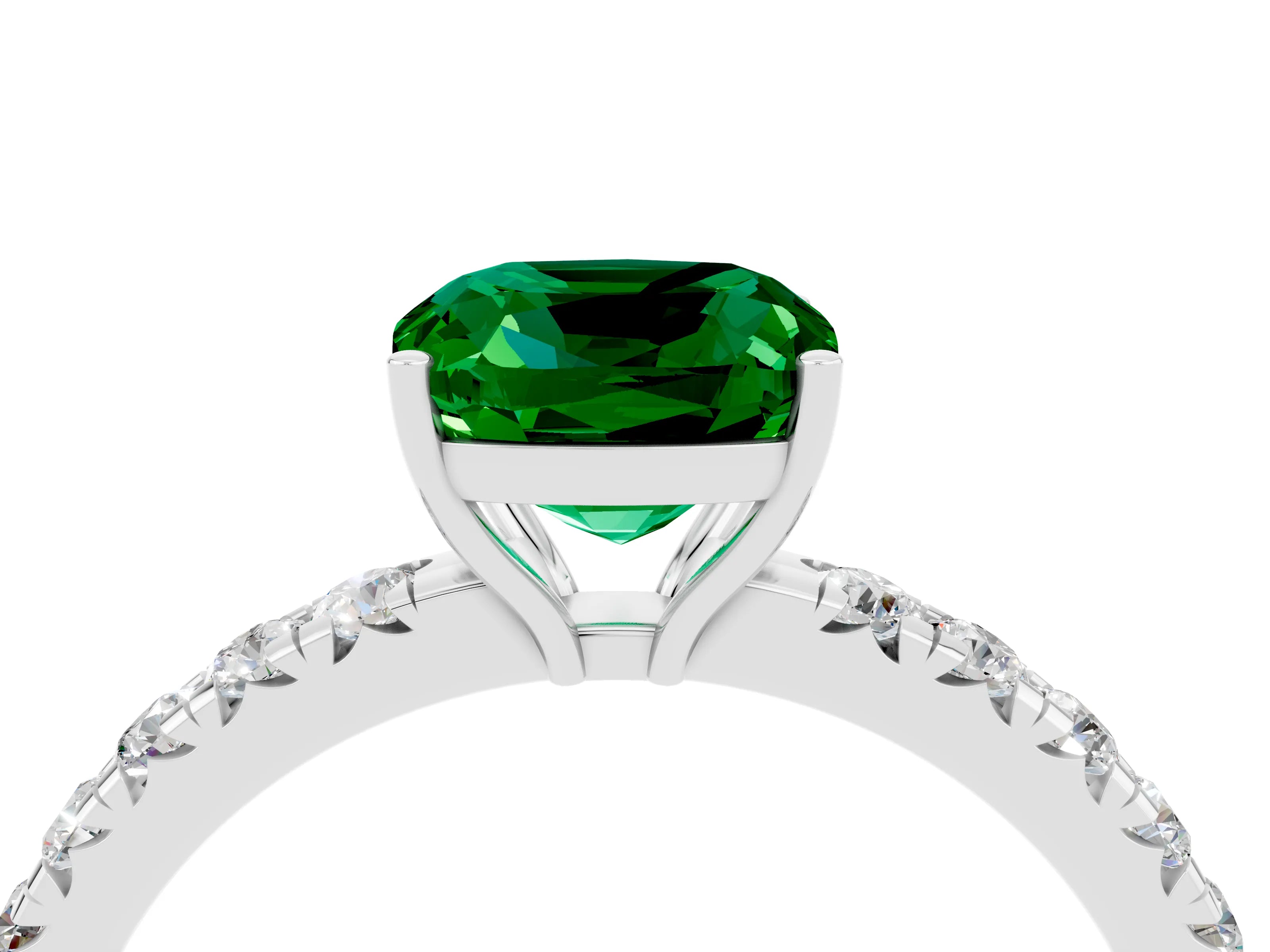 White gold Cushion Cut Emerald Pavé Solitaire Engagement Ring with Four-Prong Setting_16