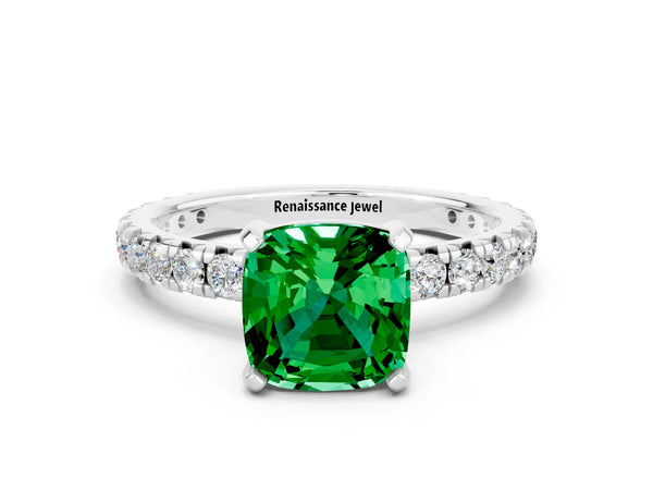 Platinum Cushion Cut Emerald Pavé Solitaire Ring with Round Band and Prong Setting