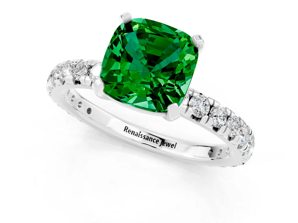 Platinum Cushion Cut Emerald Pavé Solitaire Ring with Round Band and Prong Setting
