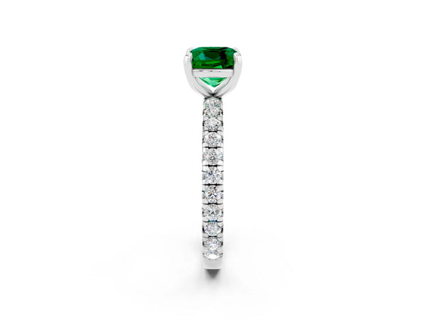 White gold Cushion Cut Emerald Pavé Solitaire Ring with Round Band and Prong Setting