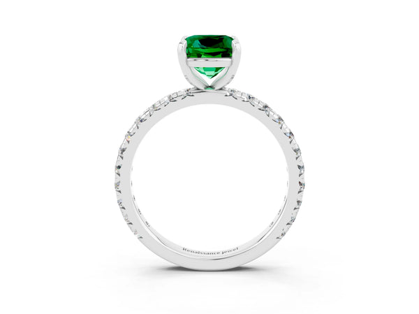 Platinum Cushion Cut Emerald Pavé Solitaire Ring with Round Band and Prong Setting