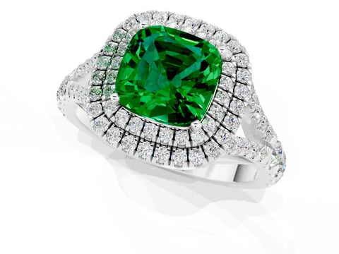 White gold Cushion Cut Emerald Pavé Split Shank Double Halo Engagement Ring_1