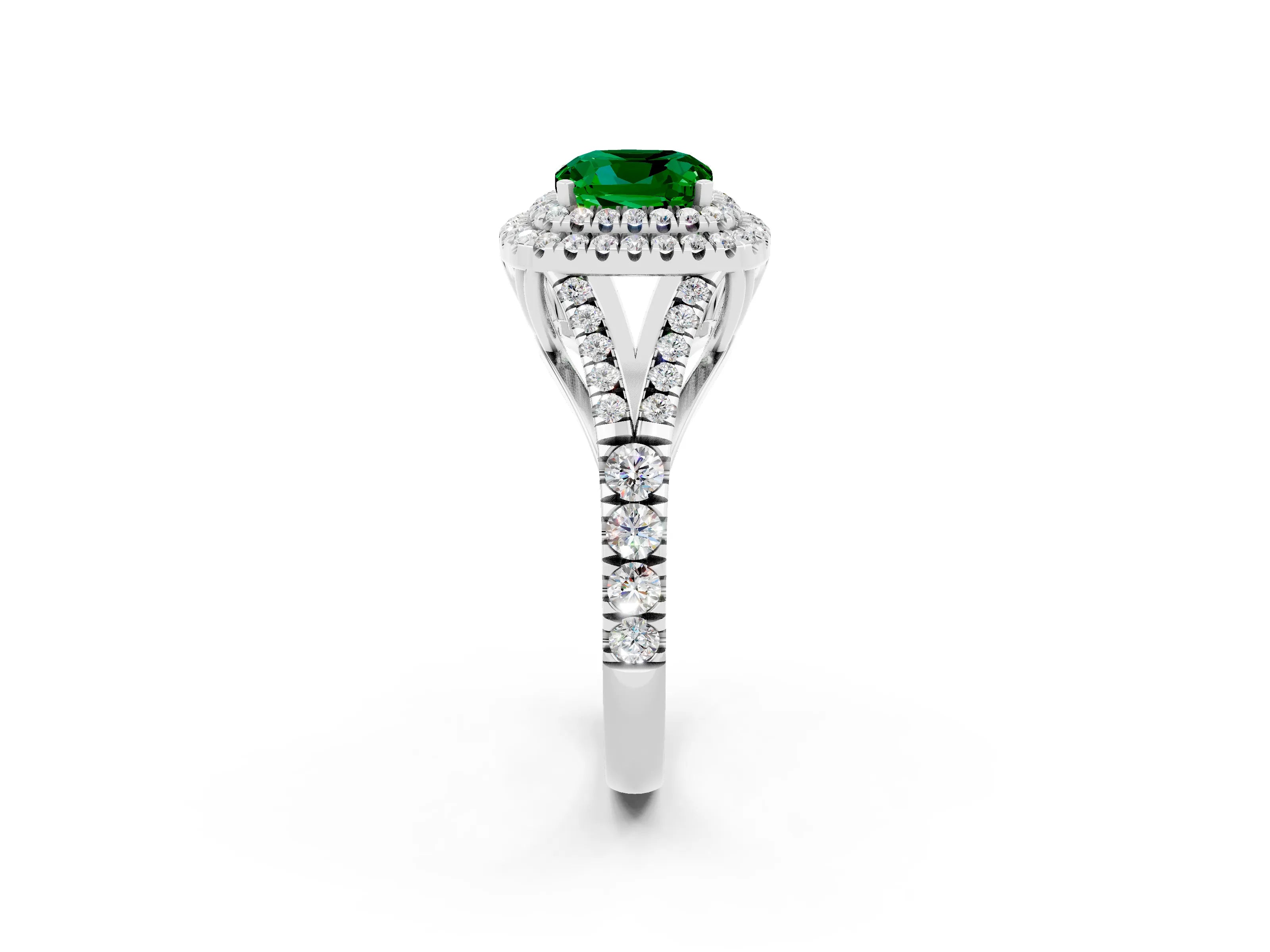 White gold Cushion Cut Emerald Pavé Split Shank Double Halo Engagement Ring_2