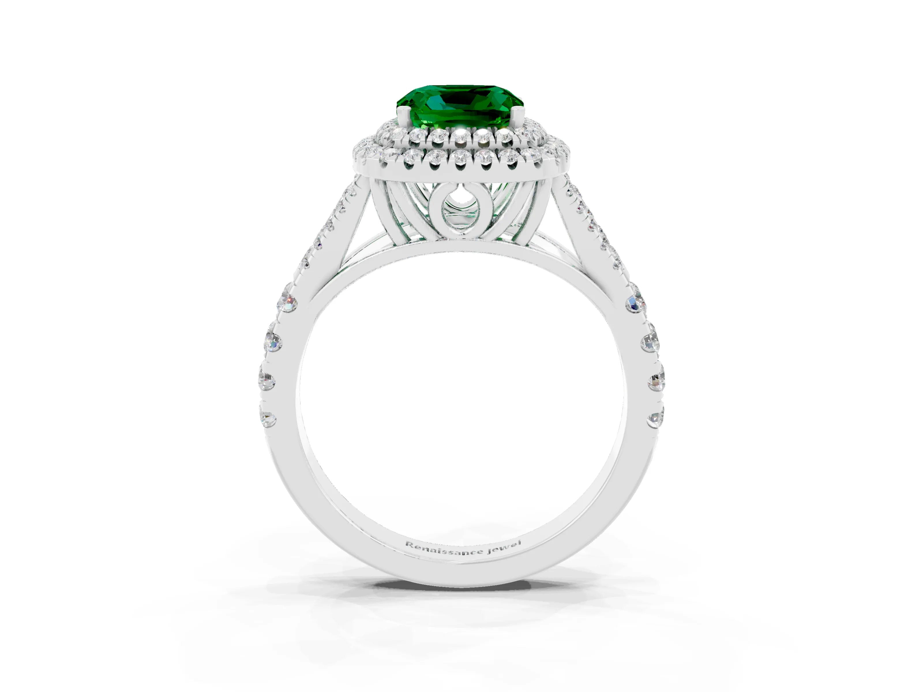 White gold Cushion Cut Emerald Pavé Split Shank Double Halo Engagement Ring_3