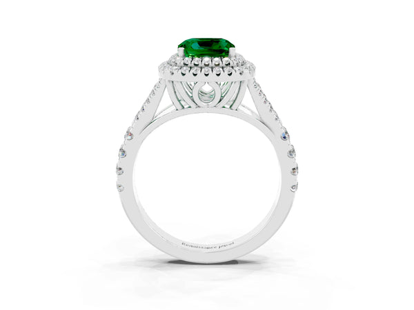 White gold Cushion Cut Emerald Pavé Split Shank Double Halo Engagement Ring