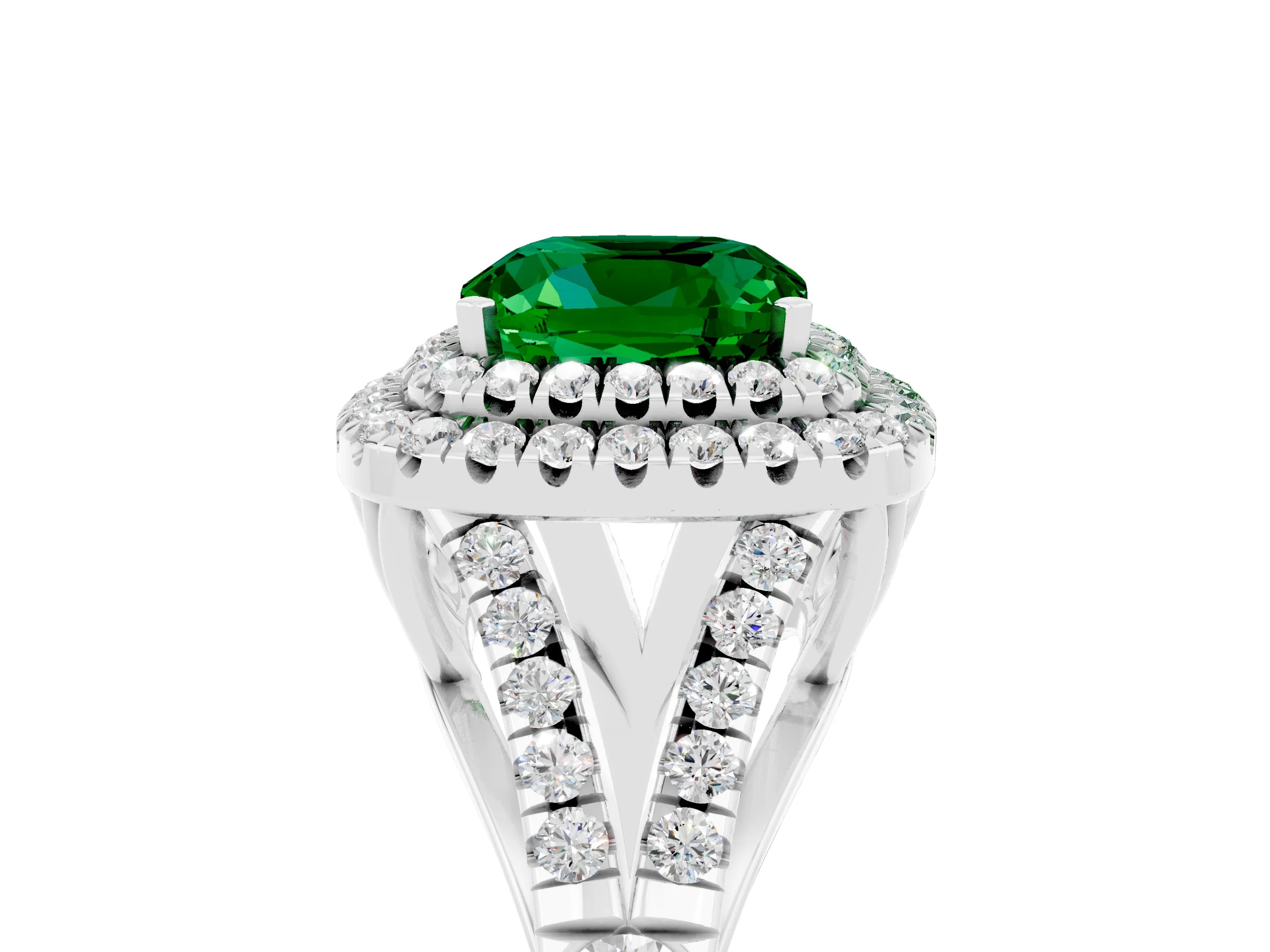 White gold Cushion Cut Emerald Pavé Split Shank Double Halo Engagement Ring_5