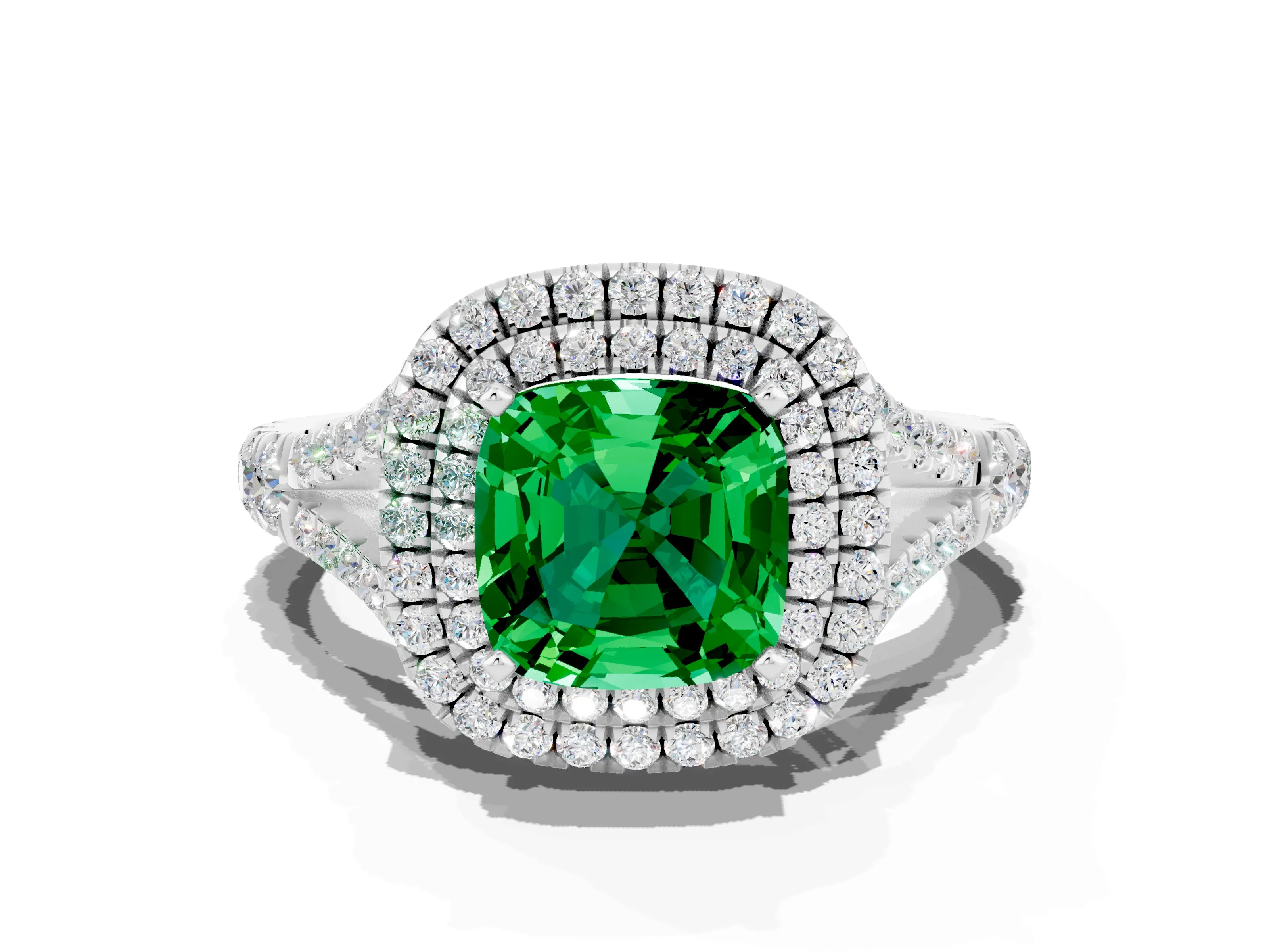 White gold Cushion Cut Emerald Pavé Split Shank Double Halo Engagement Ring