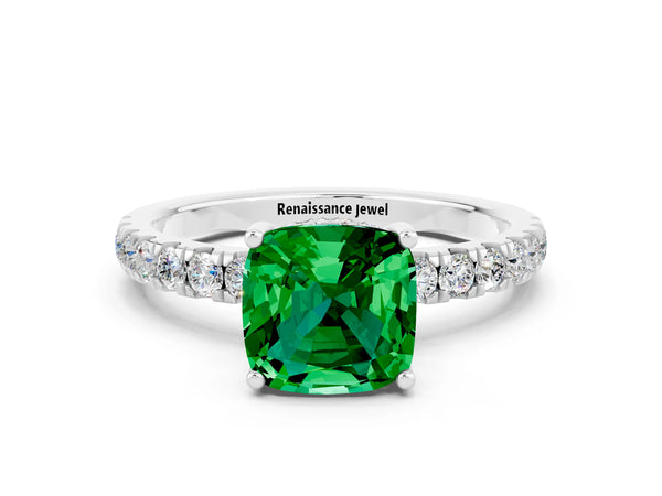 Platinum Cushion Cut Emerald Pave Band Solitaire Ring with Round  and Prong Setting