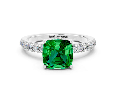 White gold Cushion Cut Emerald Pave Band Solitaire Ring with Four-Prong Setting_24