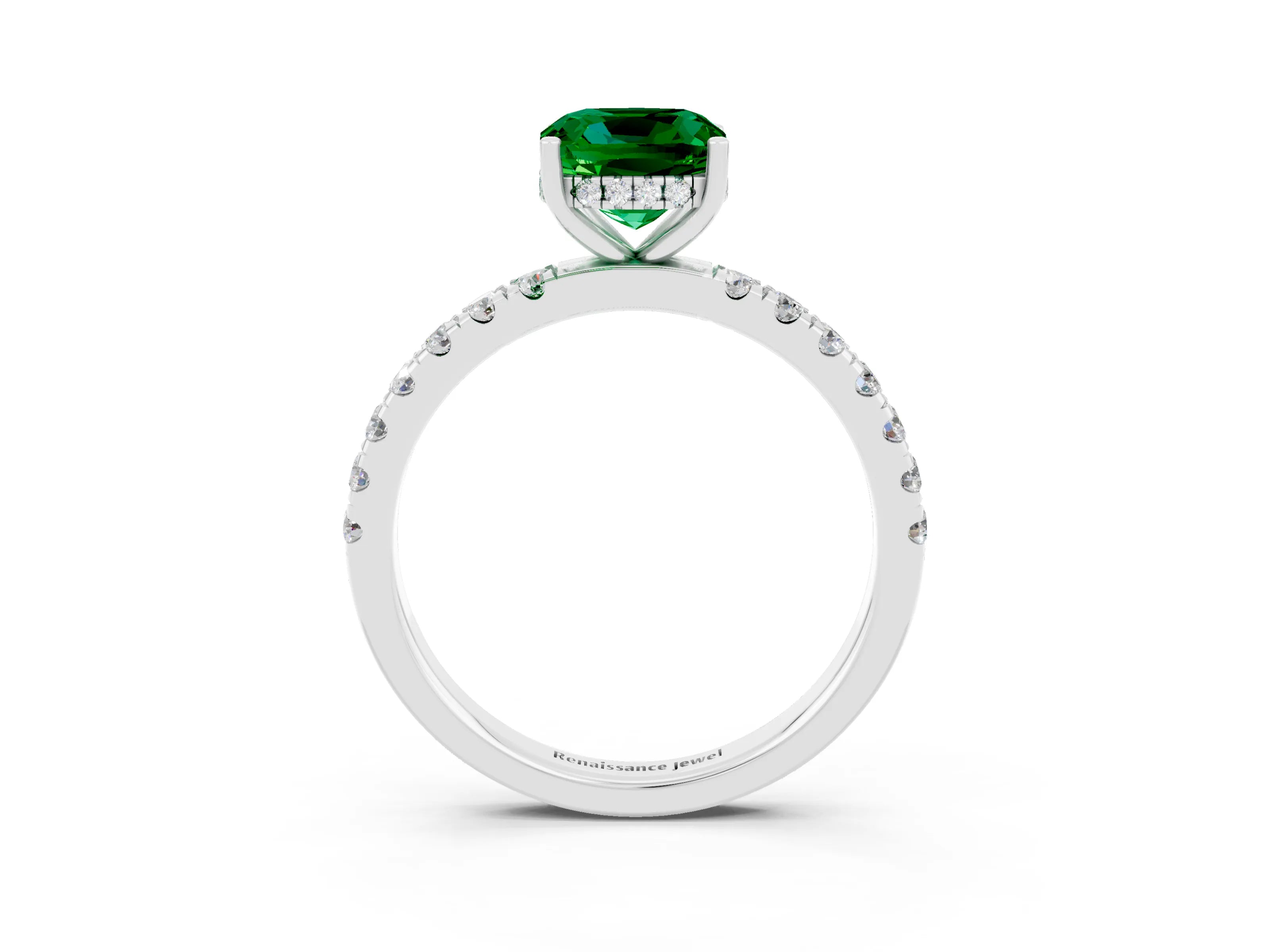 White gold Cushion Cut Emerald Pave Band Solitaire Ring with Four-Prong Setting_27