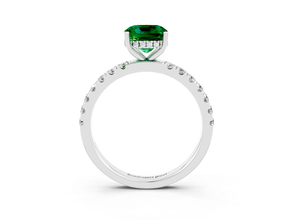 Silver Cushion Cut Emerald Pave Band Solitaire Ring with Round  and Prong Setting
