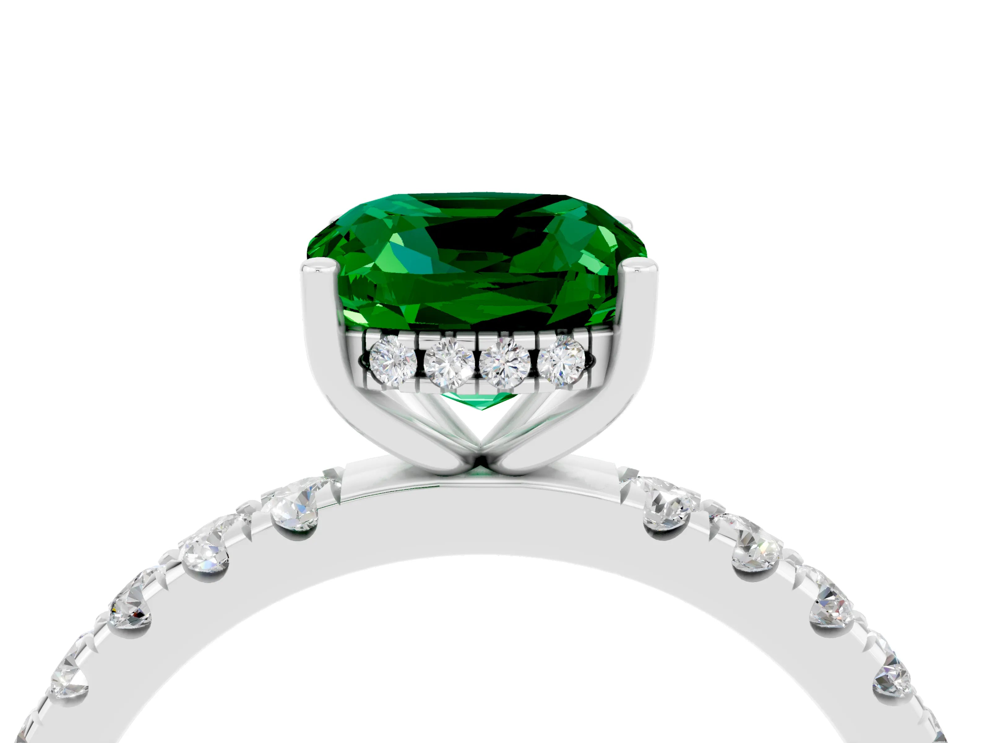 White gold Cushion Cut Emerald Pave Band Solitaire Ring with Four-Prong Setting_28