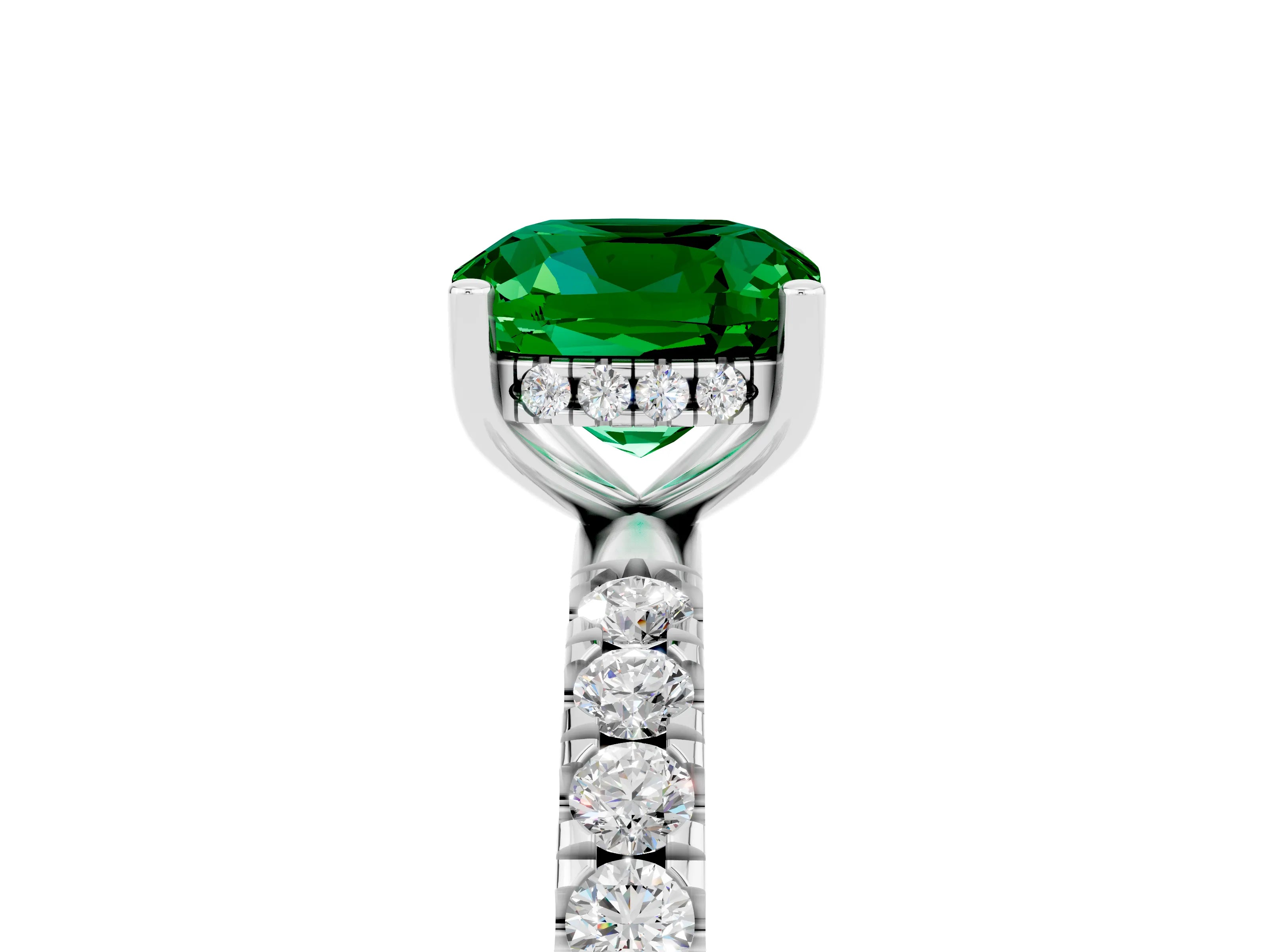 White gold Cushion Cut Emerald Pave Band Solitaire Ring with Four-Prong Setting_29