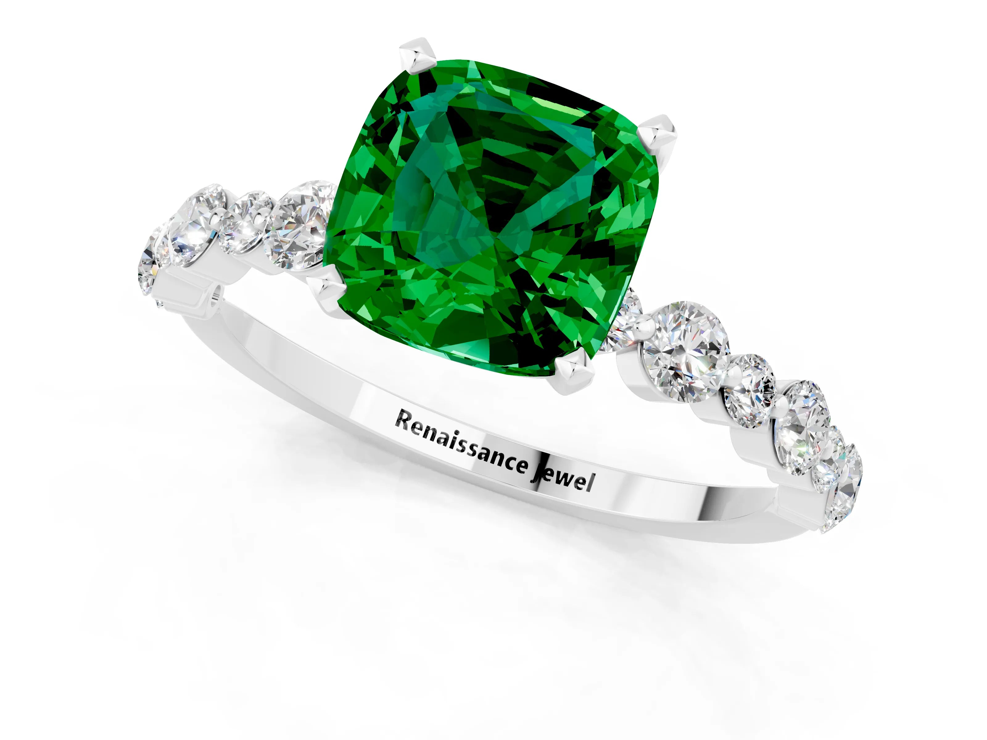 White gold Cushion Cut Emerald Prong Set Engagement Ring with Pavé Band_1