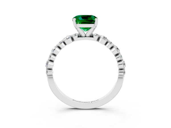 Platinum Cushion Cut Emerald Prong Set Engagement Ring with Pavé Band