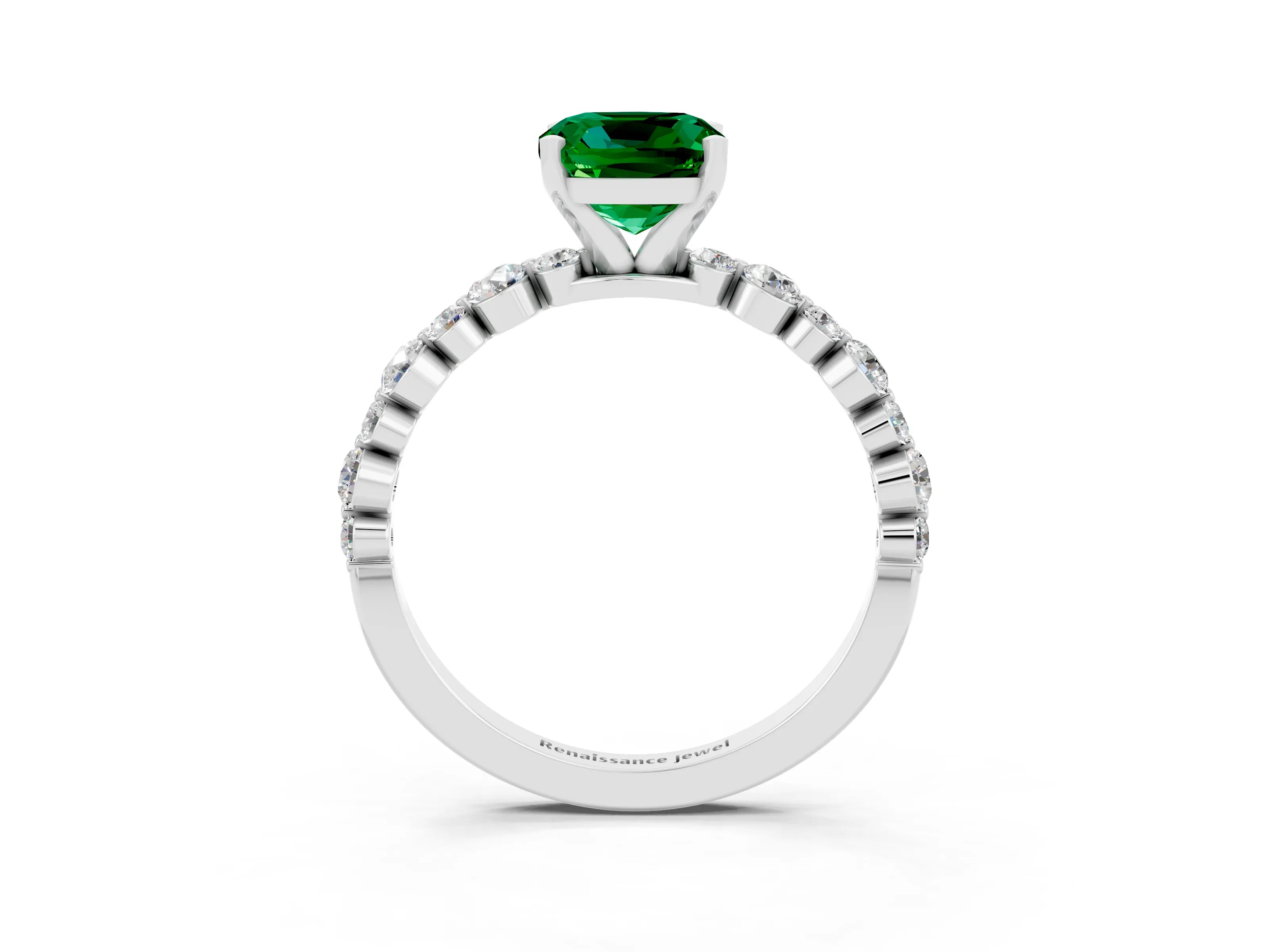 White gold Cushion Cut Emerald Prong Set Engagement Ring with Pavé Band_3